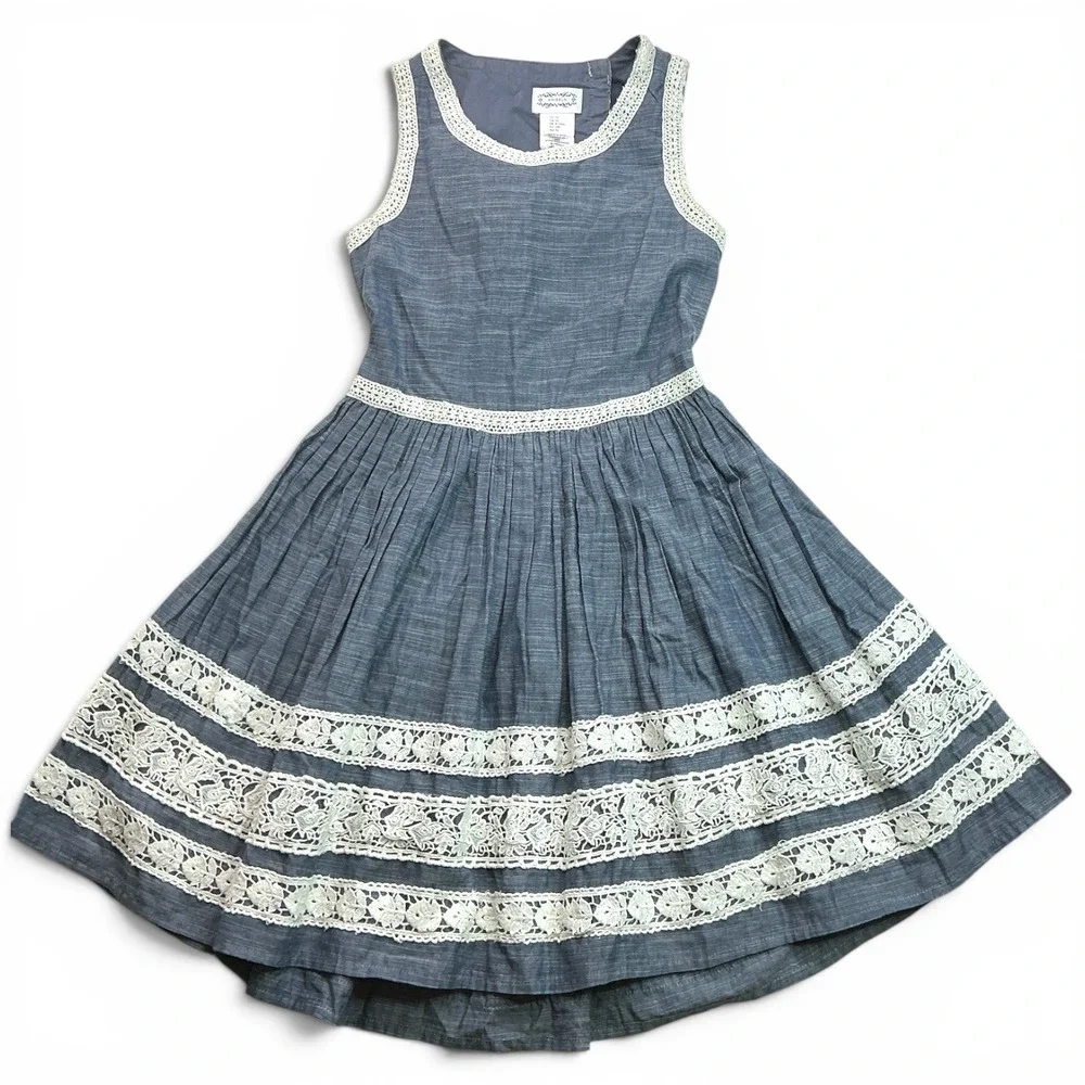 Kaisely Blue Chambray Lace Trim Open Back Dress Kids Size 10 Cottagecore Boho